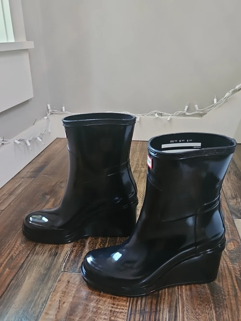 New! Hunter Wedge Heel Black Gloss Mid-Calf Rain Boots - Women's Waterproof